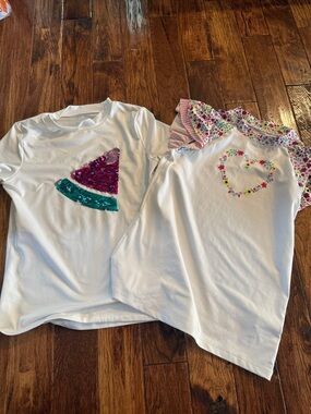 Cat and Jack Girls White Sequin Watermelon & Floral Heart Rash Guard Tops 10/12